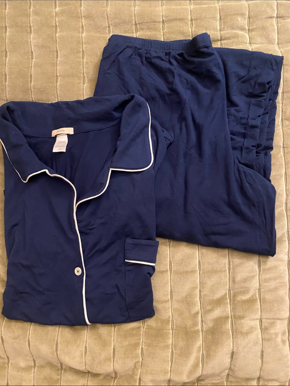 Eberjey Navy Short Sleeve Button Shirt and pants with White Piping